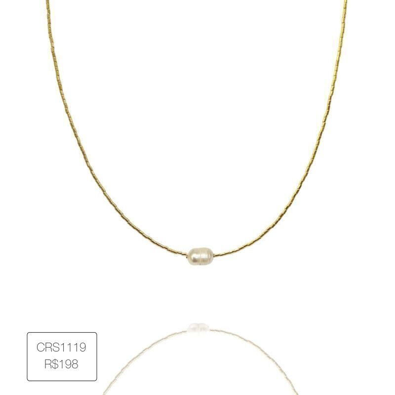 Colar Medio Canutilho Com Uma Perola Mon Amour Dourado